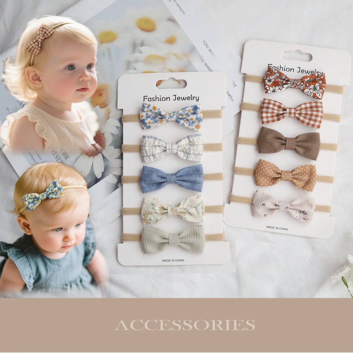 Set of 10 handmade baby headbands with bows in various floral, plaid, and solid cotton designs.