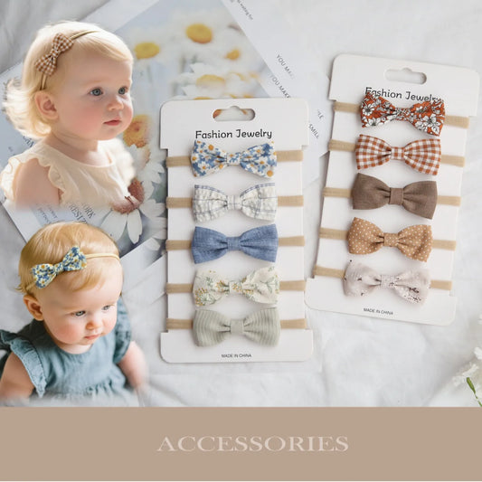 Set of 10 handmade baby headbands with bows in various floral, plaid, and solid cotton designs.