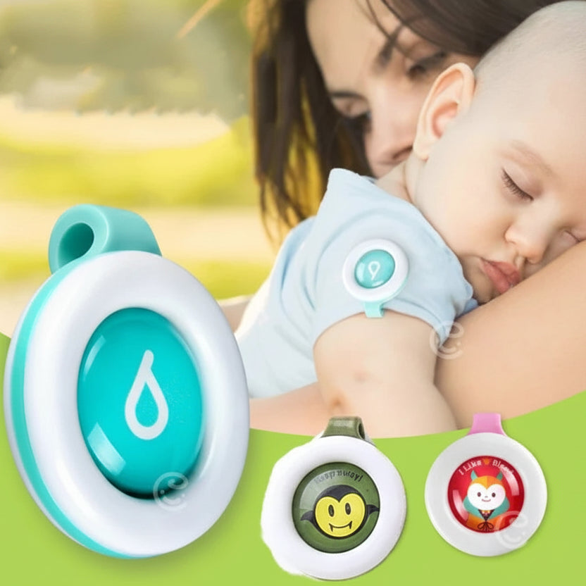 White and teal natural mosquito repellent clip for baby strollers, with a water drop design.
