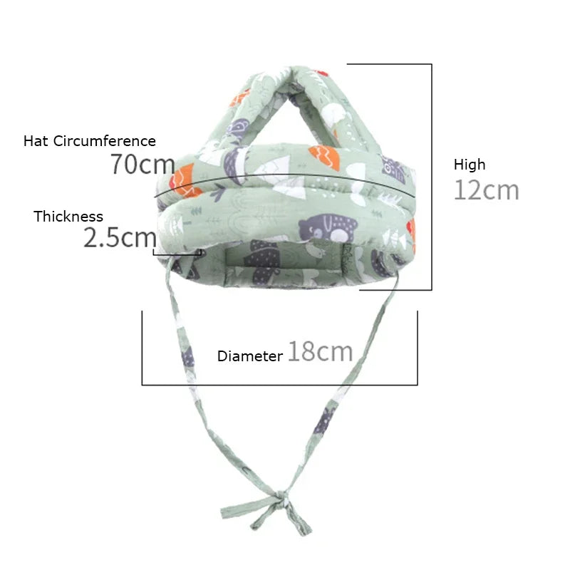 Adjustable green baby safety helmet with forest animal print, 2.5cm thickness, and tie straps.
