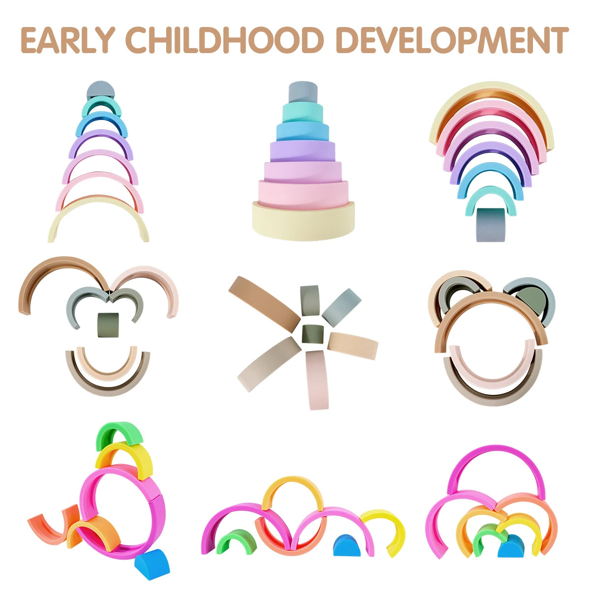 Colorful silicone Montessori building blocks for early childhood development.