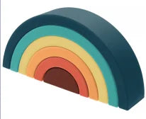 Soft silicone rainbow stacking toy with blue, teal, yellow, orange, and brown arches.