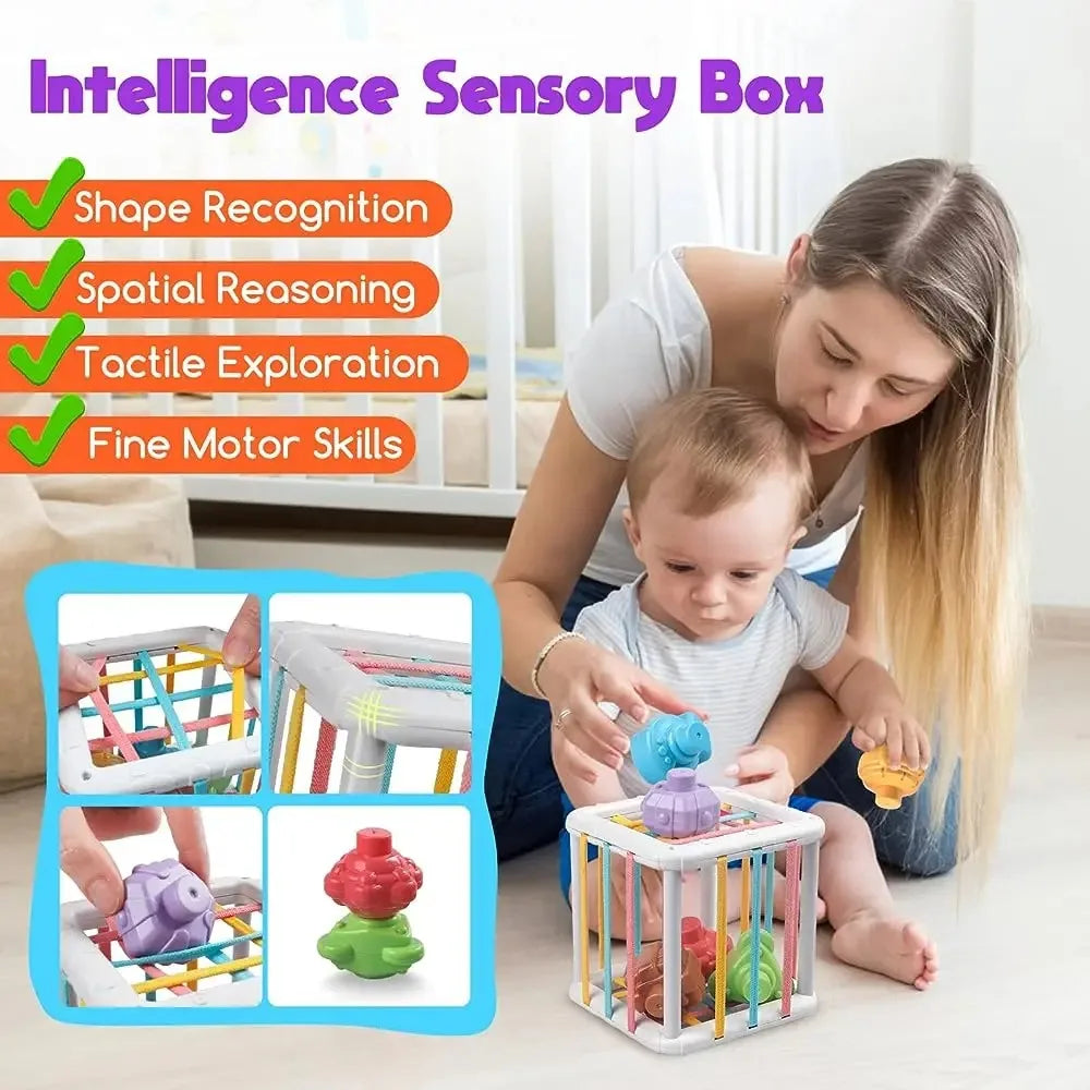Montessori sensory box with colorful elastic bands and shape sorters, used by a baby and adult.