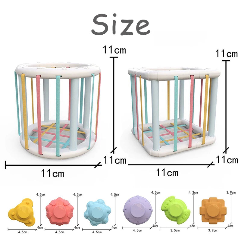 Montessori shape sorter cube and cylinder with colorful elastic bands and six unique textured shapes.