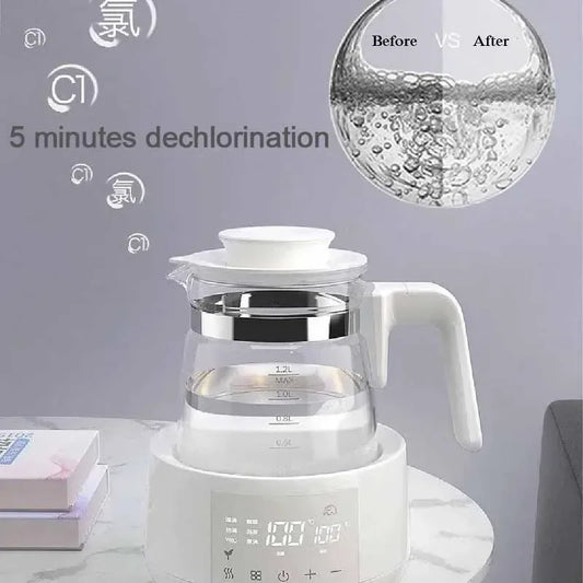 White smart glass kettle with digital display, 1.2L capacity, and dechlorination feature.