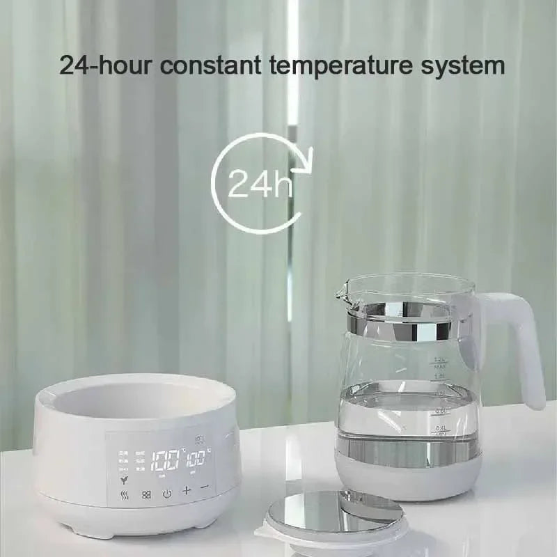 Smart 1.2L glass kettle with white base, digital display, and 24-hour temperature control.