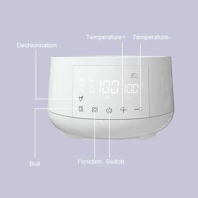 White smart kettle base with digital display and control buttons for temperature, dechlorination, and boil functions.