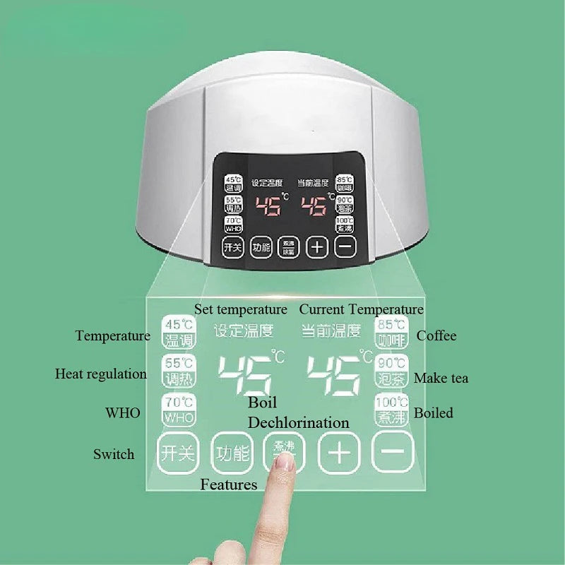 White smart thermostat kettle with digital display for precise baby milk heating.