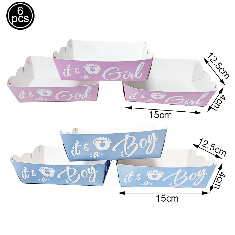 Pink "It's a Girl" and blue "It's a Boy" paper popcorn/candy boxes, 15x12.5x4cm, for baby showers.