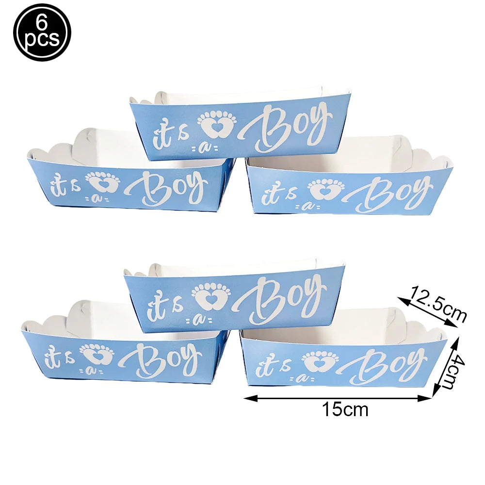Six blue "It's a Boy" paper popcorn/candy boxes with footprint design, 15x12.5x4cm.