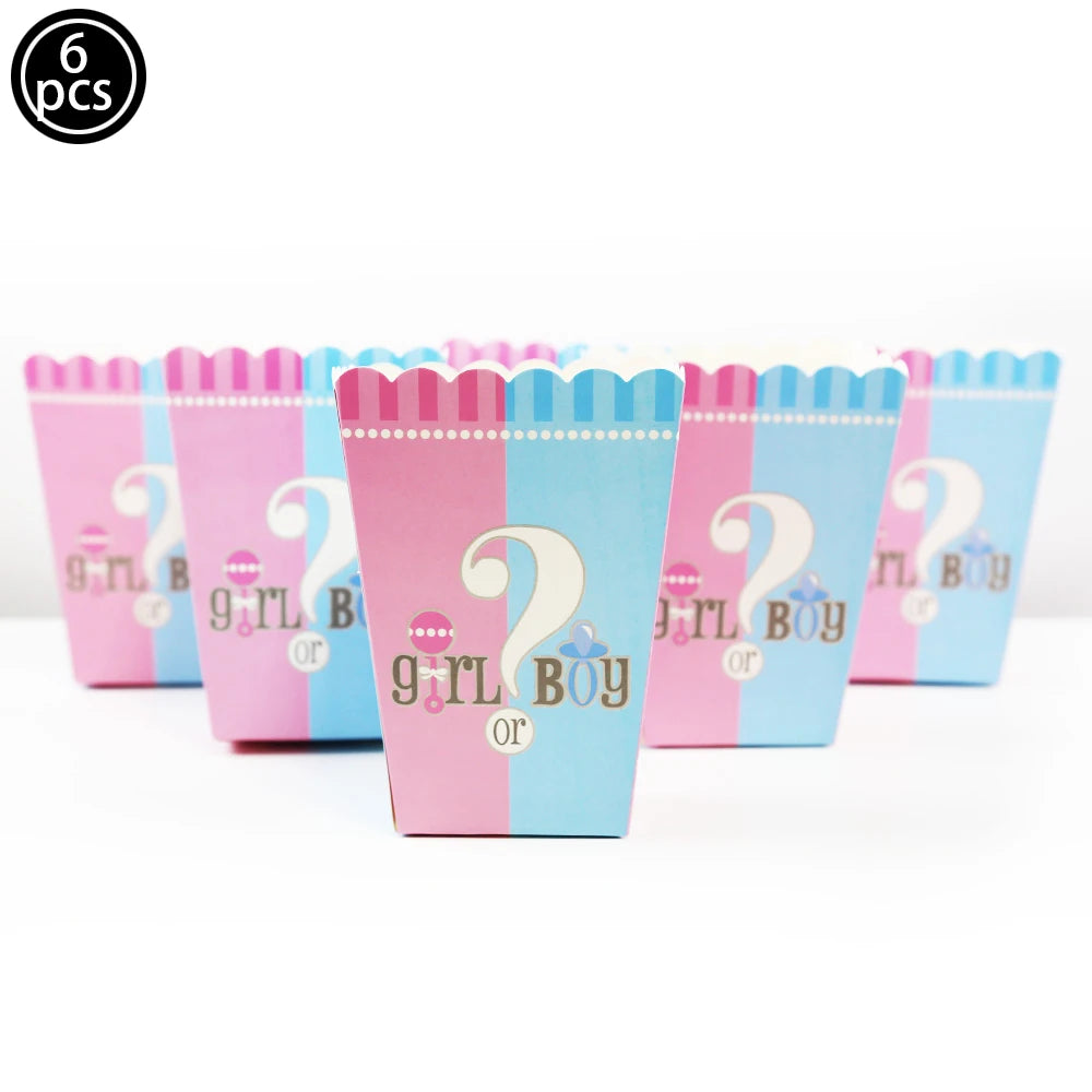 Pink and blue gender reveal popcorn boxes with "Girl or Boy" design, scalloped edges, 6-piece set.