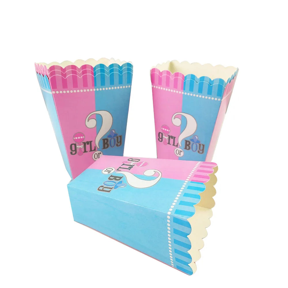 Pink and blue "Girl or Boy" gender reveal popcorn boxes with scalloped edges.