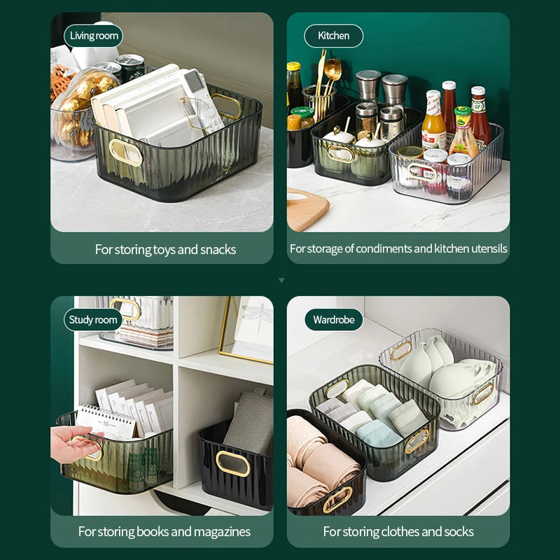 Clear rectangular PET storage boxes with gold handles, shown organizing cosmetics, office supplies, and household items.