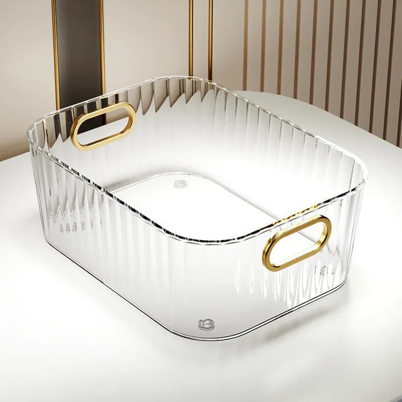 Clear rectangular PET storage box with ribbed sides and gold handles.
