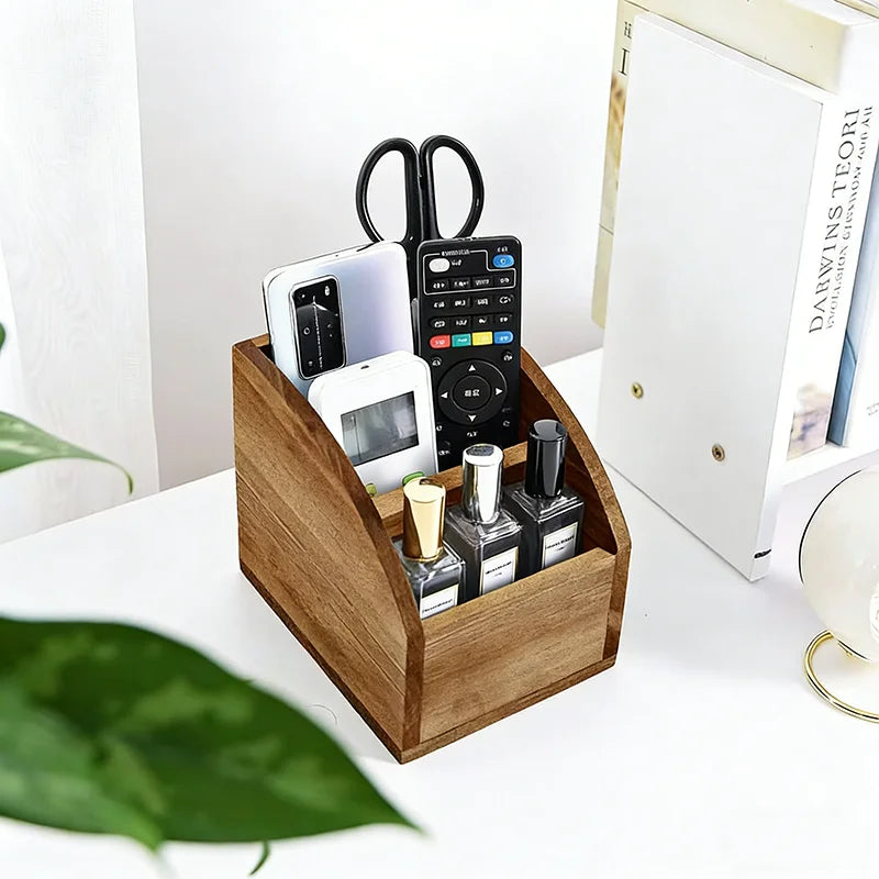Luxurious wooden organizer for remotes, phones, and accessories, featuring multiple compartments and a rich brown finish.