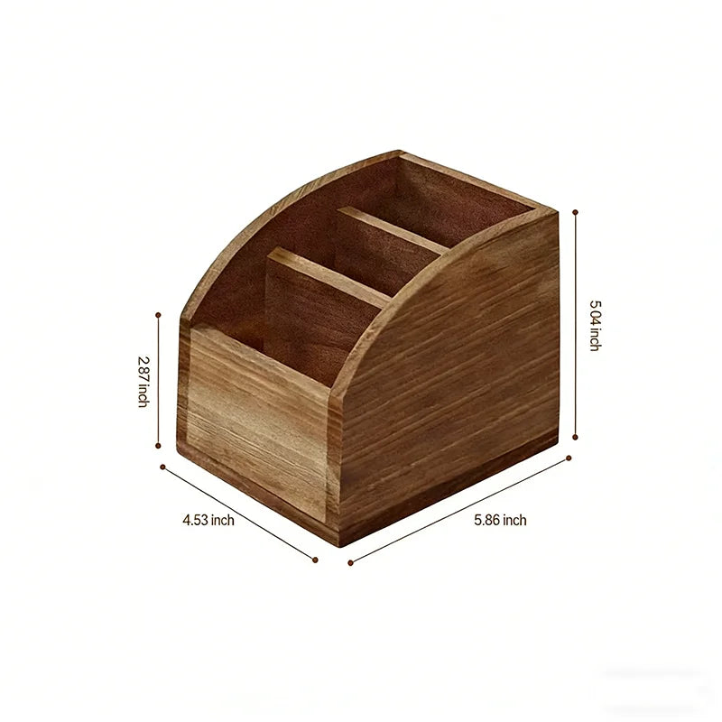 Luxury dark wood remote control and accessory organizer with three compartments, 5.04 inches tall.