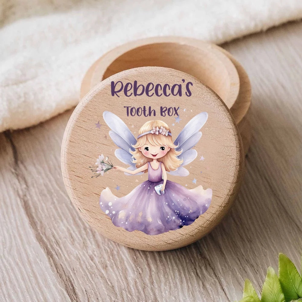 Personalized wooden tooth fairy box with "Rebecca's Tooth Box" and a purple fairy design.