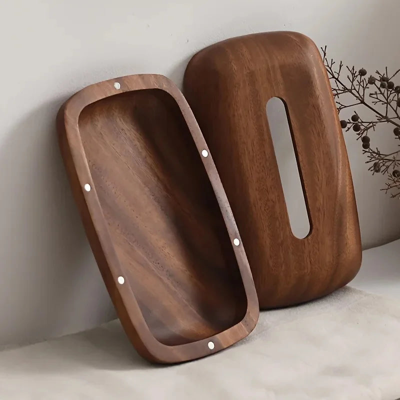 Vintage dark wood tissue box with a removable lid, showcasing natural grain and a sleek design.