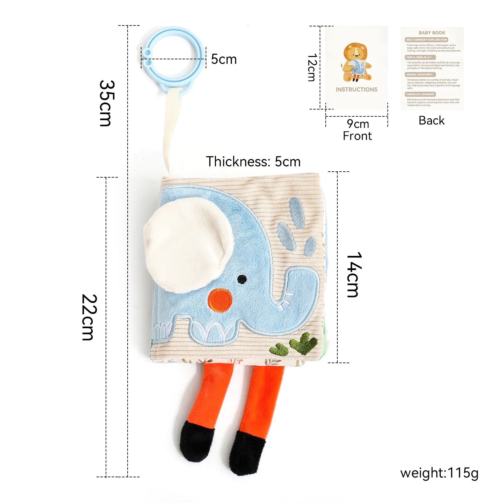 Soft blue elephant baby sensory toy with striped fabric body and orange plush legs, showing dimensions.