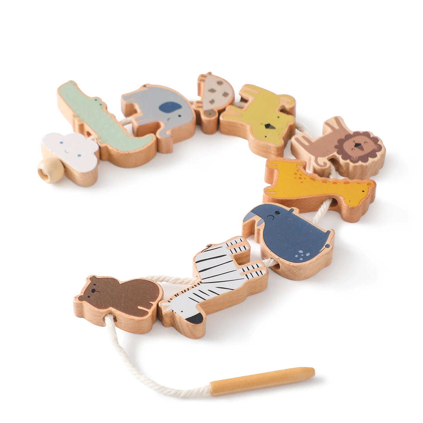 Wooden lacing toy with colorful safari animals like a lion, zebra, and crocodile on a white string.