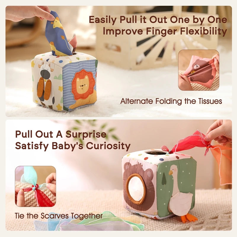 Soft fabric baby tissue box toy with animal designs, colorful scarves, and sensory learning features.