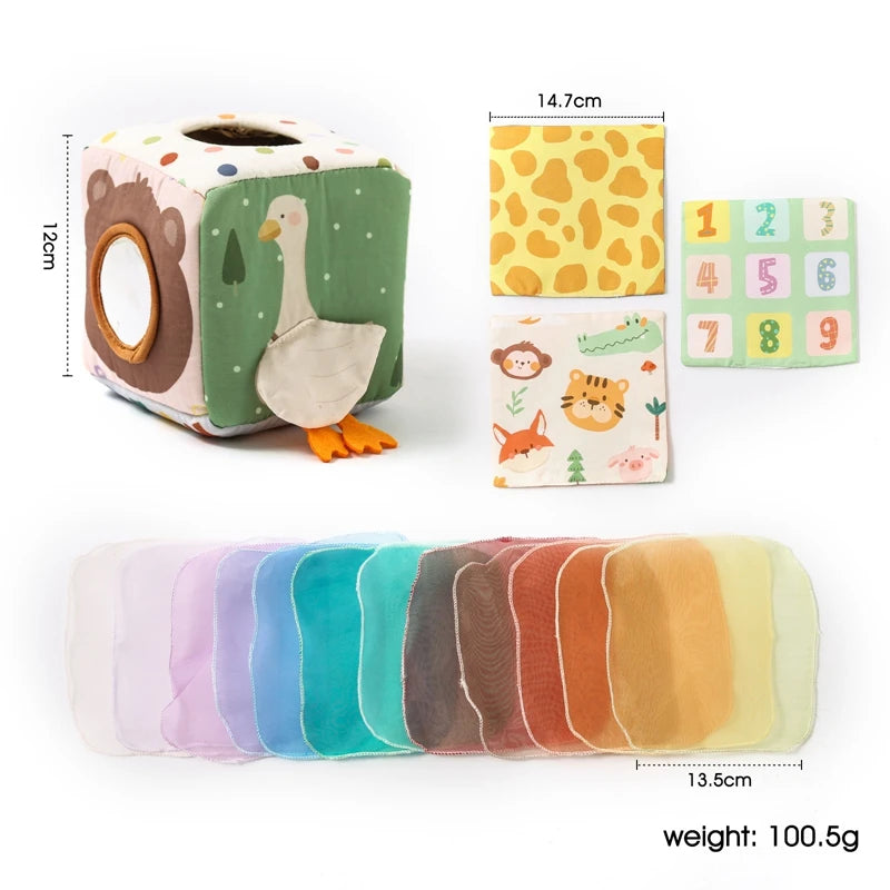 Soft baby tissue box toy with animal designs, a mirror, and colorful sensory scarves.