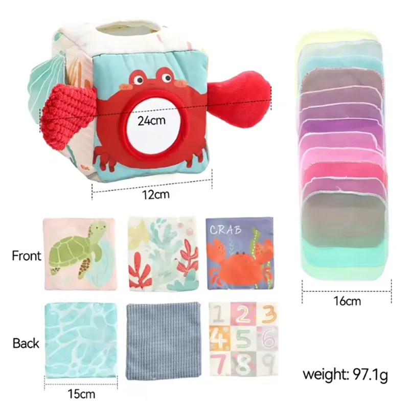 Soft fabric baby tissue box toy with a red crab design, sensory learning scarves, and animal-themed squares.