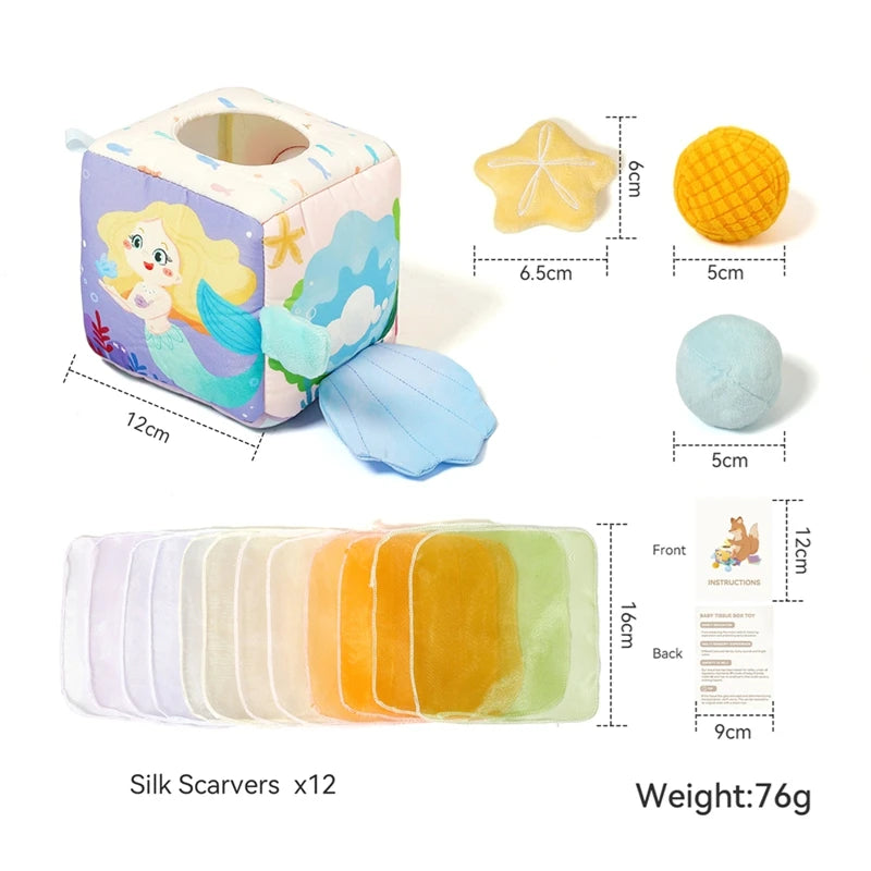 Soft baby tissue box toy with mermaid design, 12 colorful silk scarves, and sensory animal toys.
