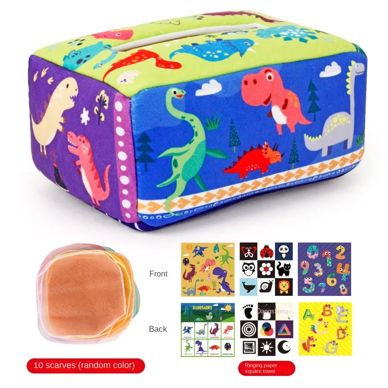 Soft fabric Montessori tissue box toy with colorful dinosaur print and 10 rainbow scarves.