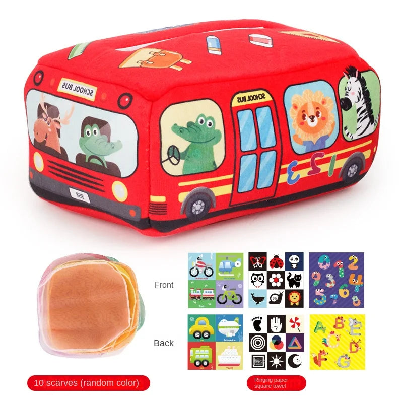 Red plush Montessori tissue box toy shaped like a school bus with animal characters, includes colorful scarves and learning cards.