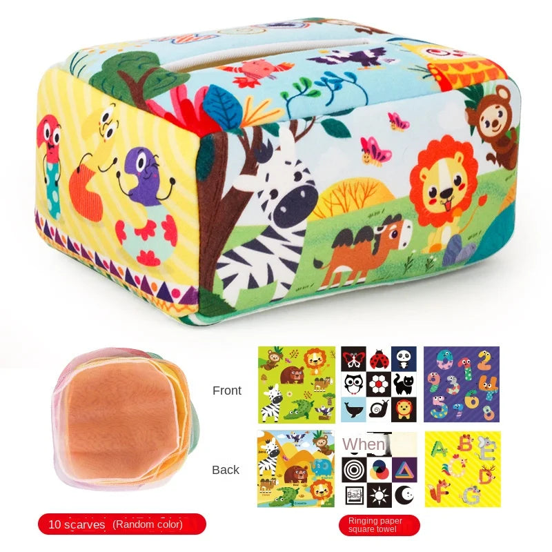 Colorful soft fabric Montessori tissue box toy with animal and number patterns, plus 10 scarves.