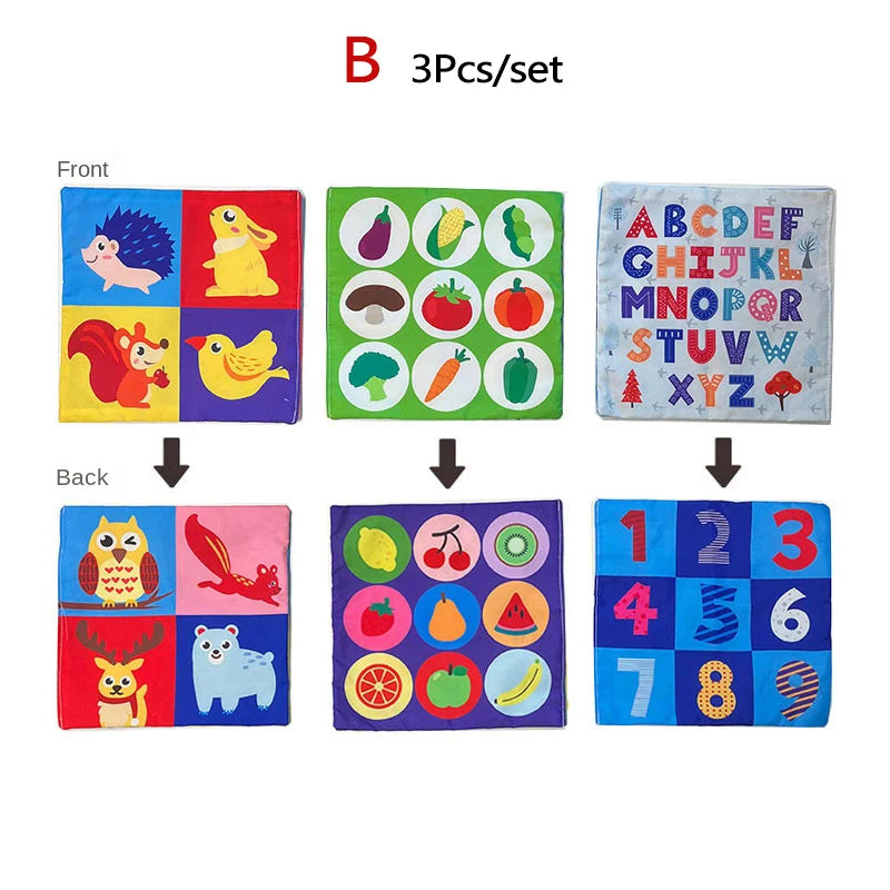 Soft fabric Montessori sensory tissue box toy set with colorful animal, fruit, alphabet, and number designs.