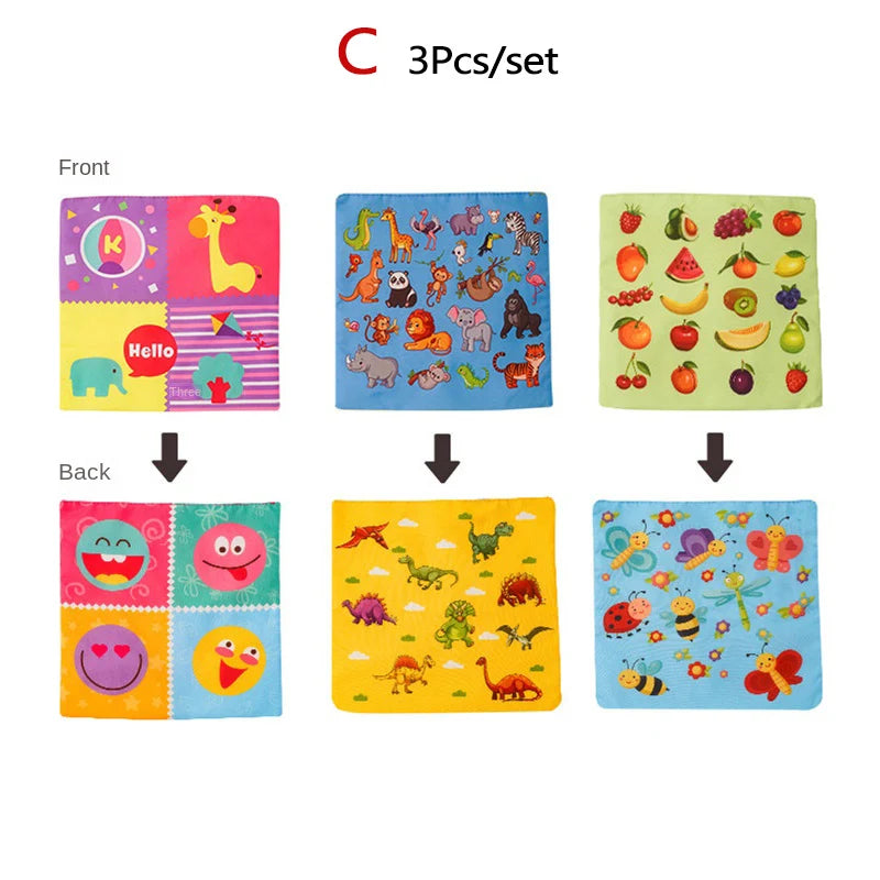 Colorful soft fabric sensory tissues with animals, fruits, and letters for baby's Montessori play.