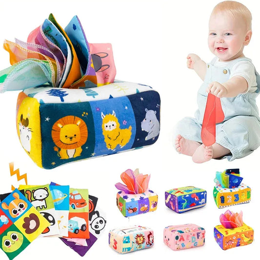 Soft Montessori tissue box toy with colorful animal and alphabet patterns, shown with a happy baby.