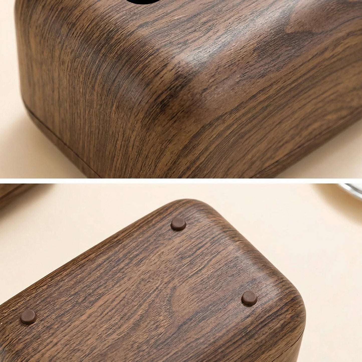 Vintage wood-look plastic tissue box with dark brown grain and non-slip feet.