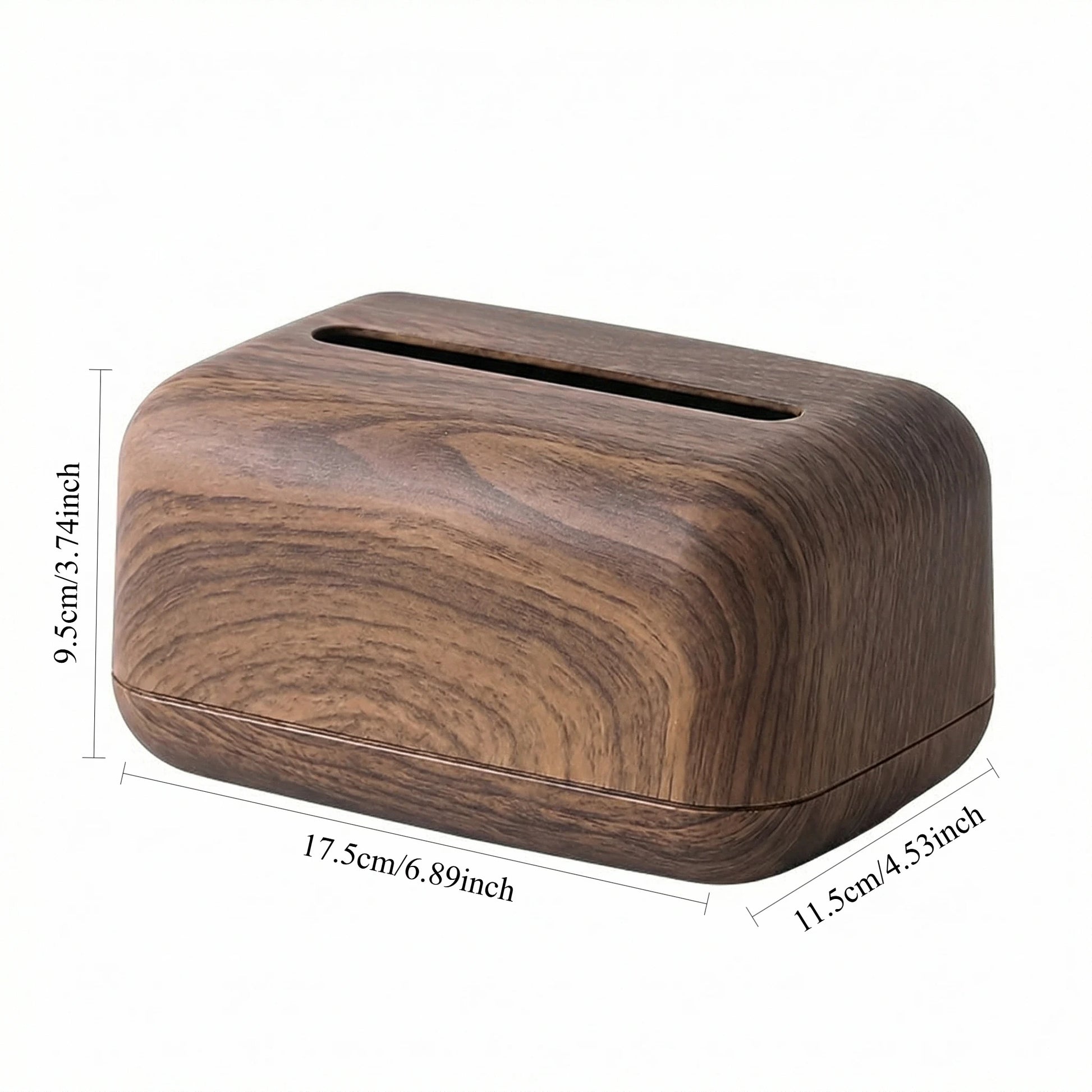 Vintage wood-look plastic tissue box holder, 17.5cm long, 11.5cm wide, 9.5cm high.
