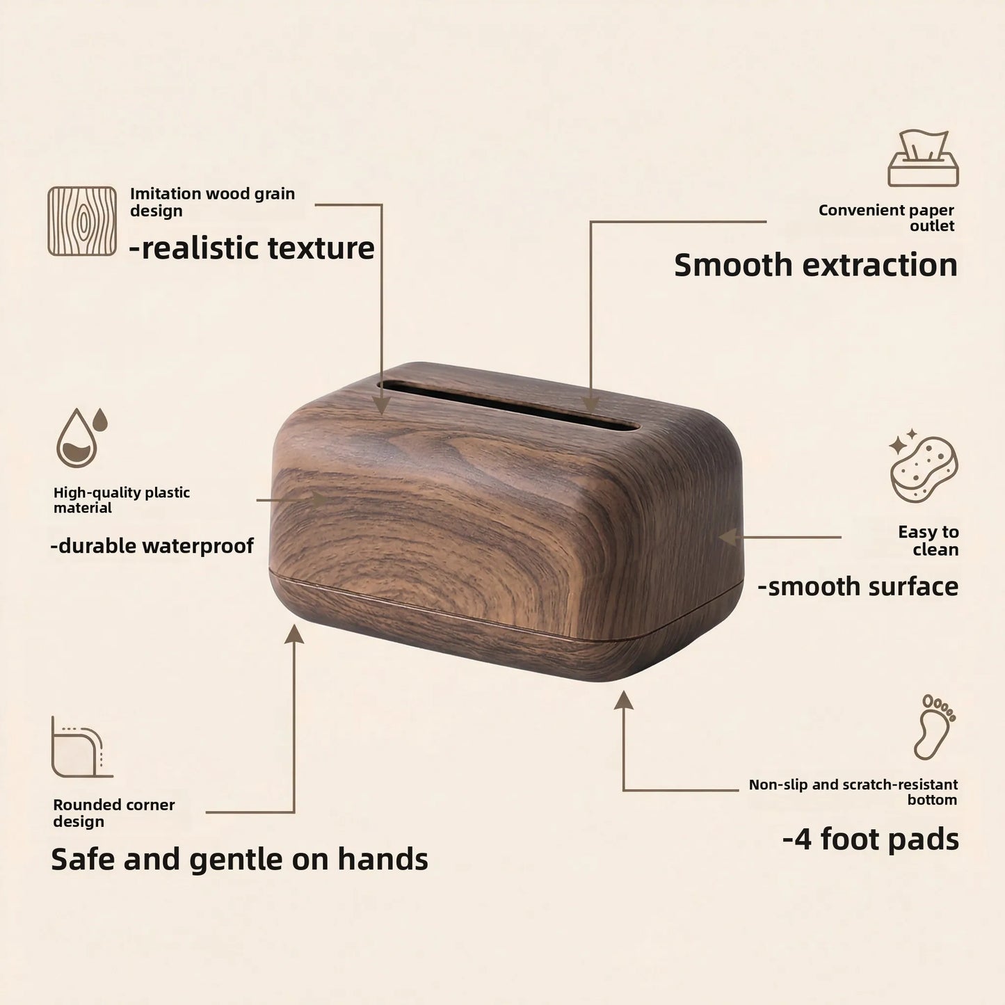 Vintage wood-grain plastic tissue box with smooth extraction and rounded corners.