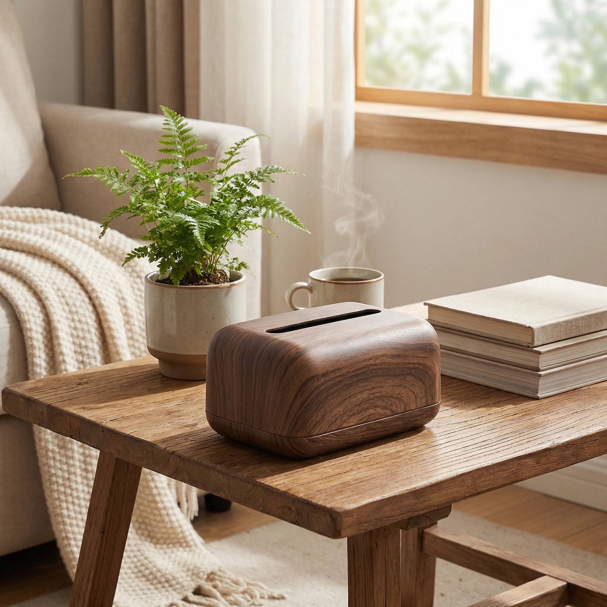 Vintage wood-look tissue box on a rustic wooden table, with a plant and books.