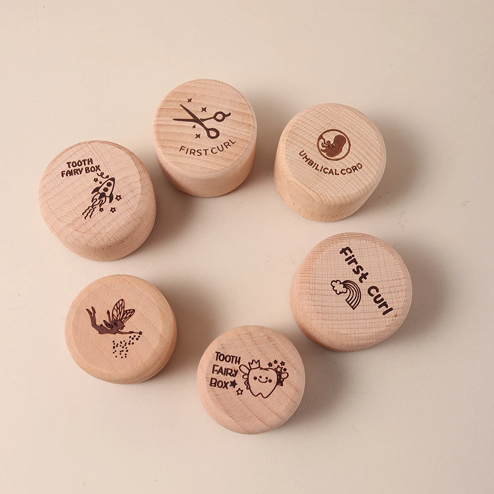 Six round natural beech wood keepsake boxes for baby's first tooth, curl, and umbilical cord.