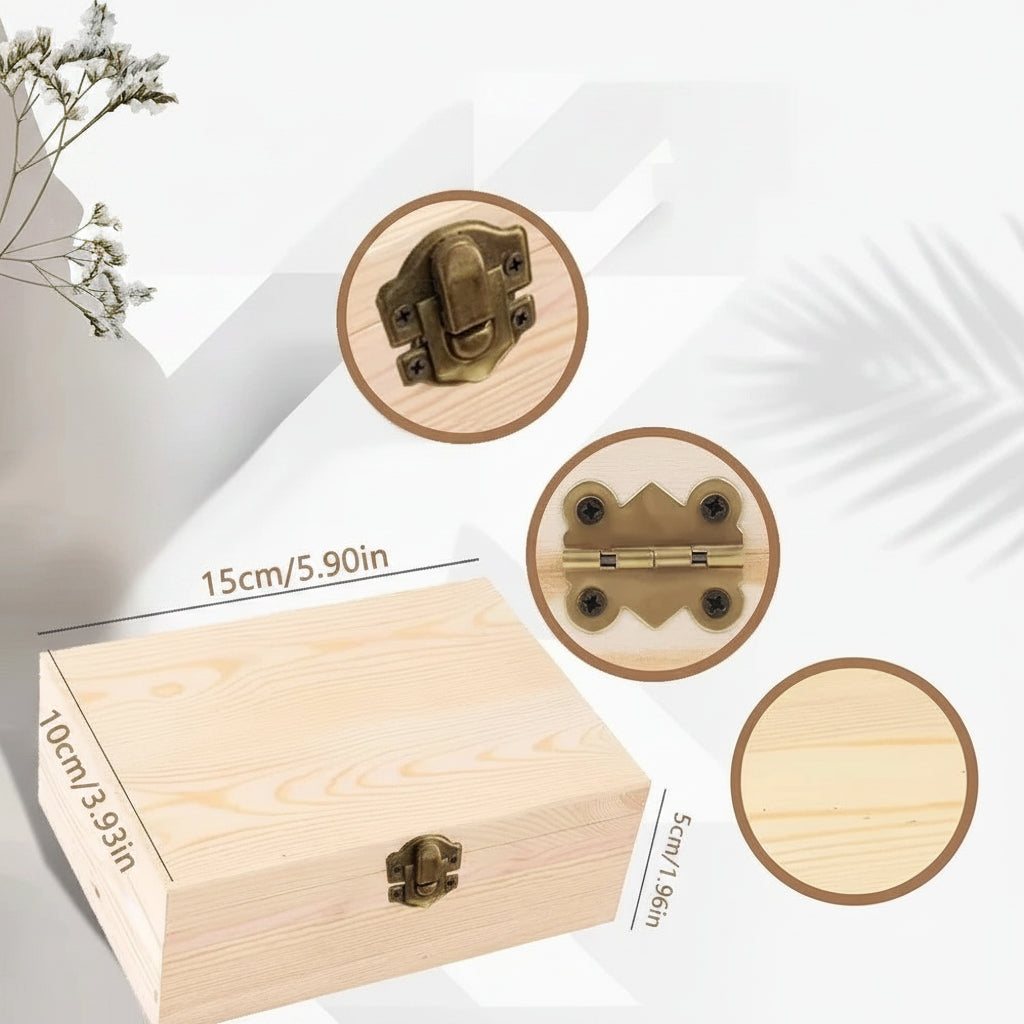 Natural pine wooden box with retro latch, durable hinge, and smooth surface, measuring 15x10x5cm.