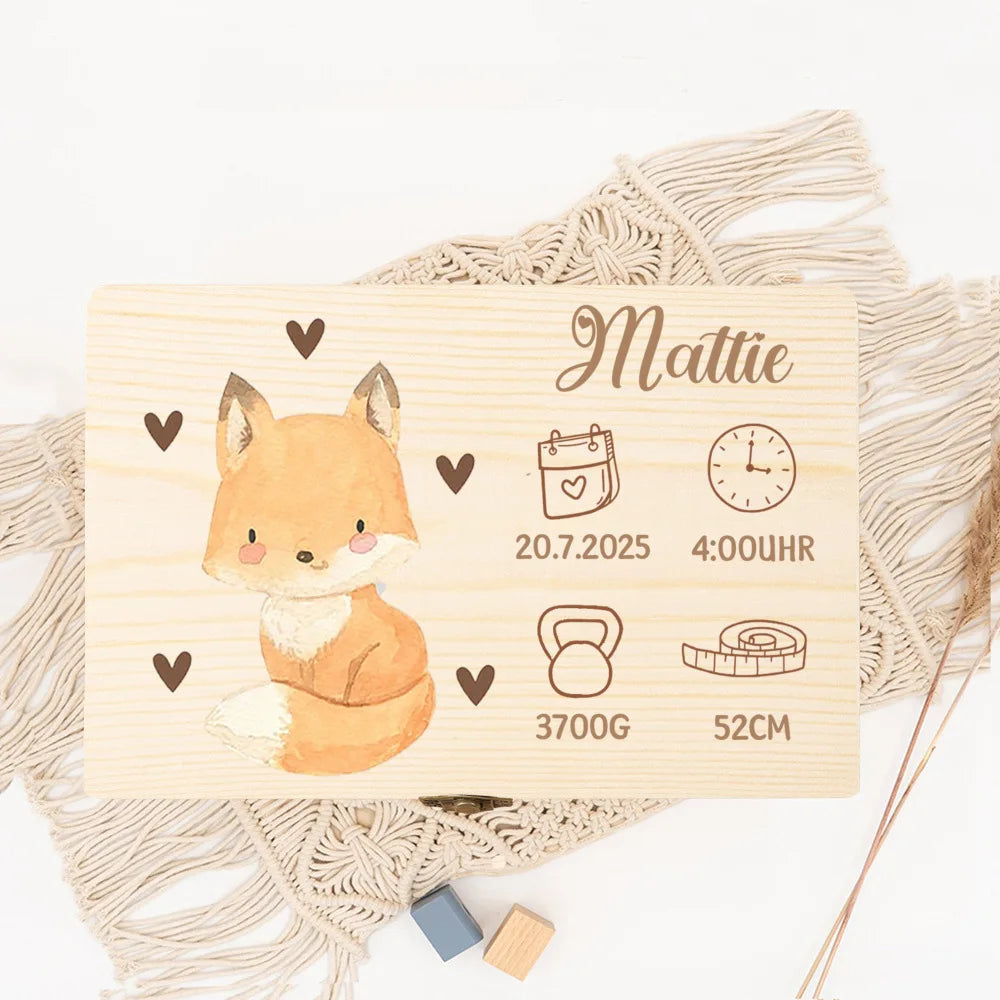 Personalized wooden baby memory box with a cute fox design, name, birth date, time, weight, and height.