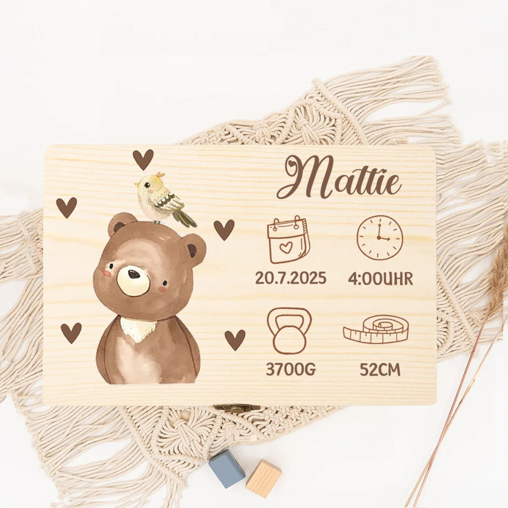 Personalized wooden baby keepsake box with cute bear and bird design, birth details, and name "Mattie".