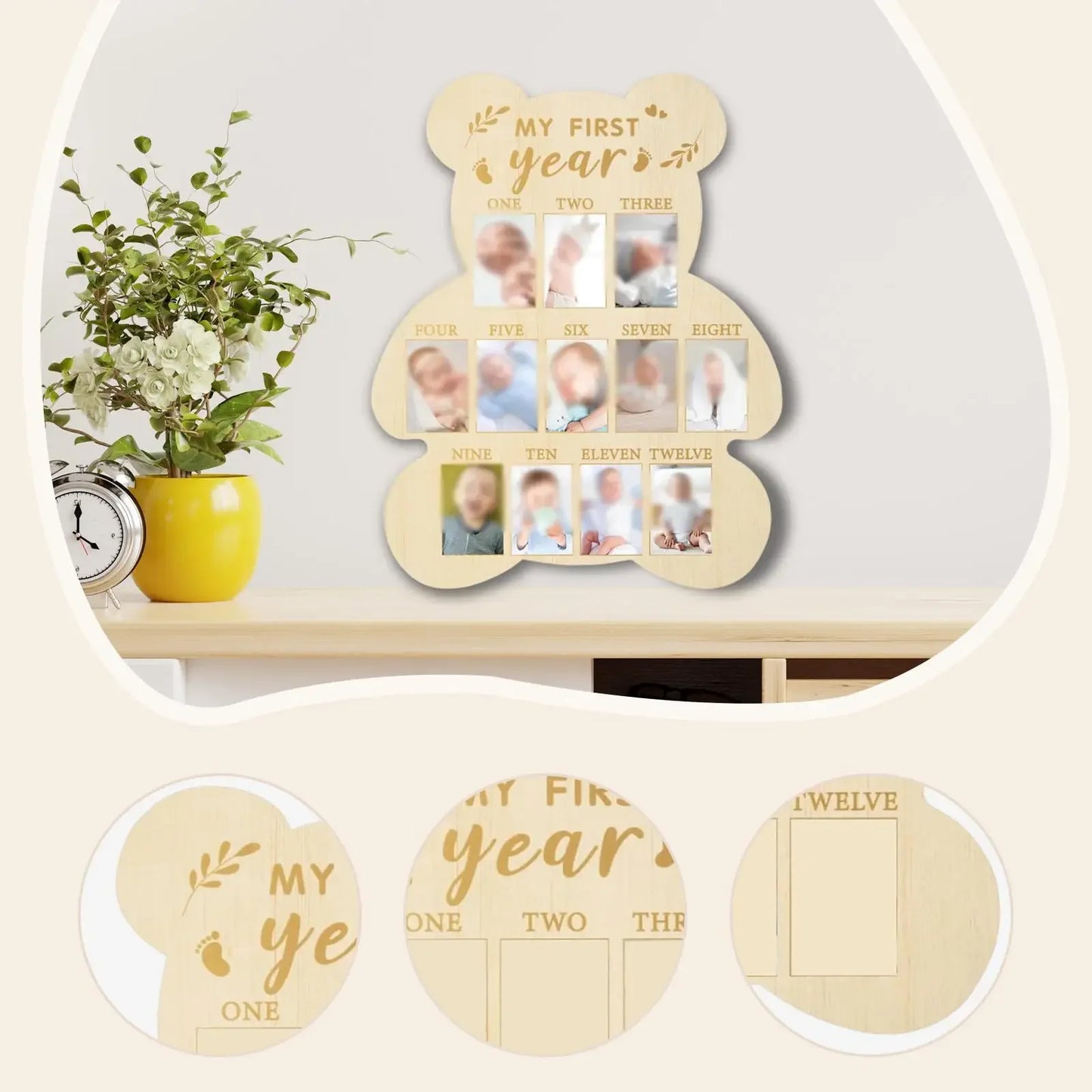 Wooden bear-shaped baby milestone photo frame for "My First Year," 43x31cm.