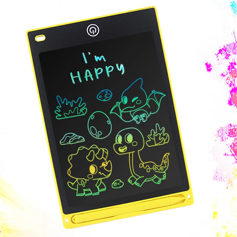Yellow 8.5-inch LCD digital drawing tablet for kids with colorful dinosaur doodles and stylus.