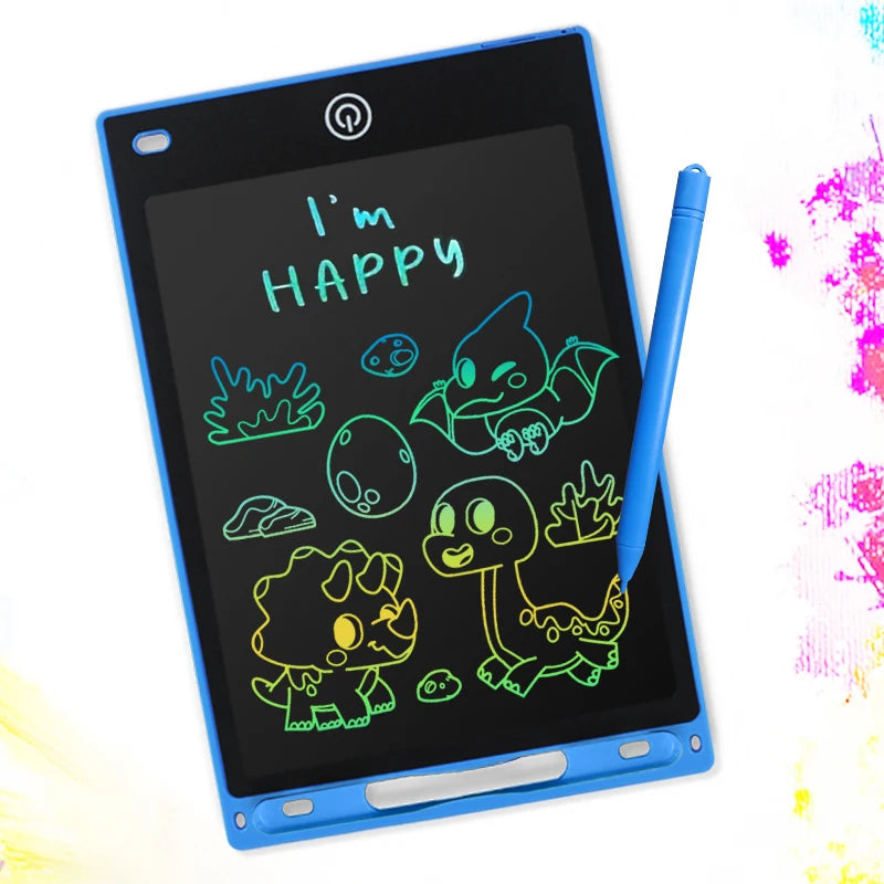 Blue 8.5-inch LCD digital drawing tablet for kids with colorful dinosaur doodles and stylus.