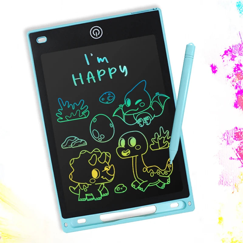 Blue 8.5-inch LCD digital drawing tablet for kids with colorful dinosaur doodles and a stylus.