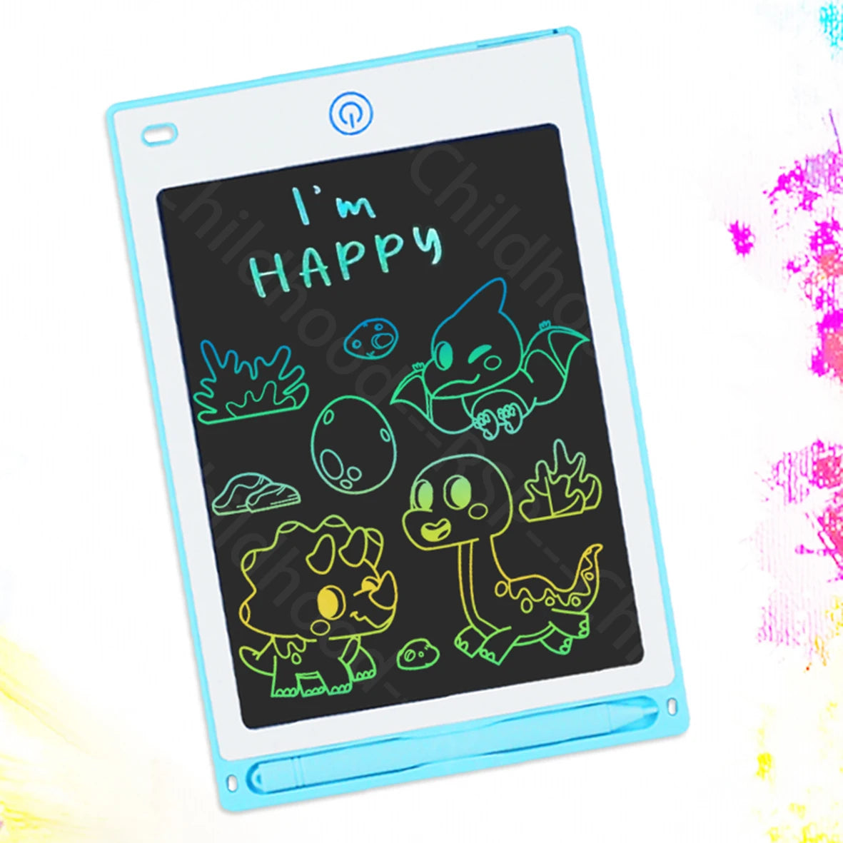 Blue 8.5-inch LCD digital drawing tablet for kids, showing colorful dinosaur doodles and "I'm HAPPY".