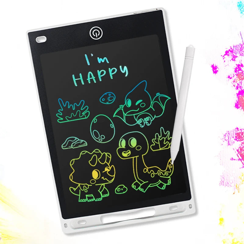 White 8.5-inch LCD digital drawing tablet for kids with colorful dinosaur doodles and stylus.