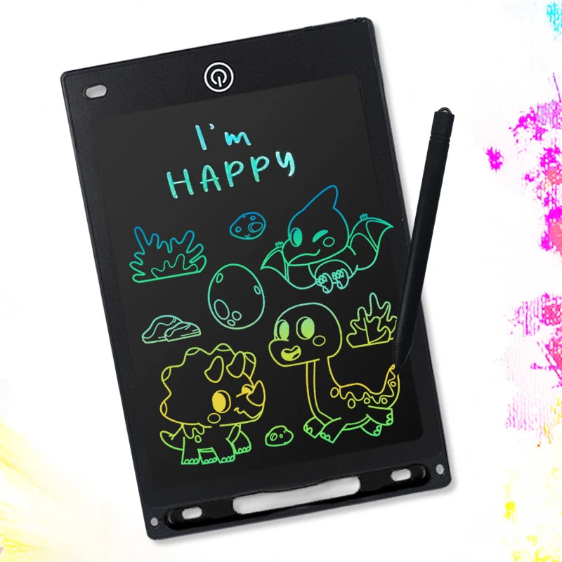 Black 8.5-inch LCD digital drawing tablet for kids, showing colorful dinosaur doodles and a stylus.
