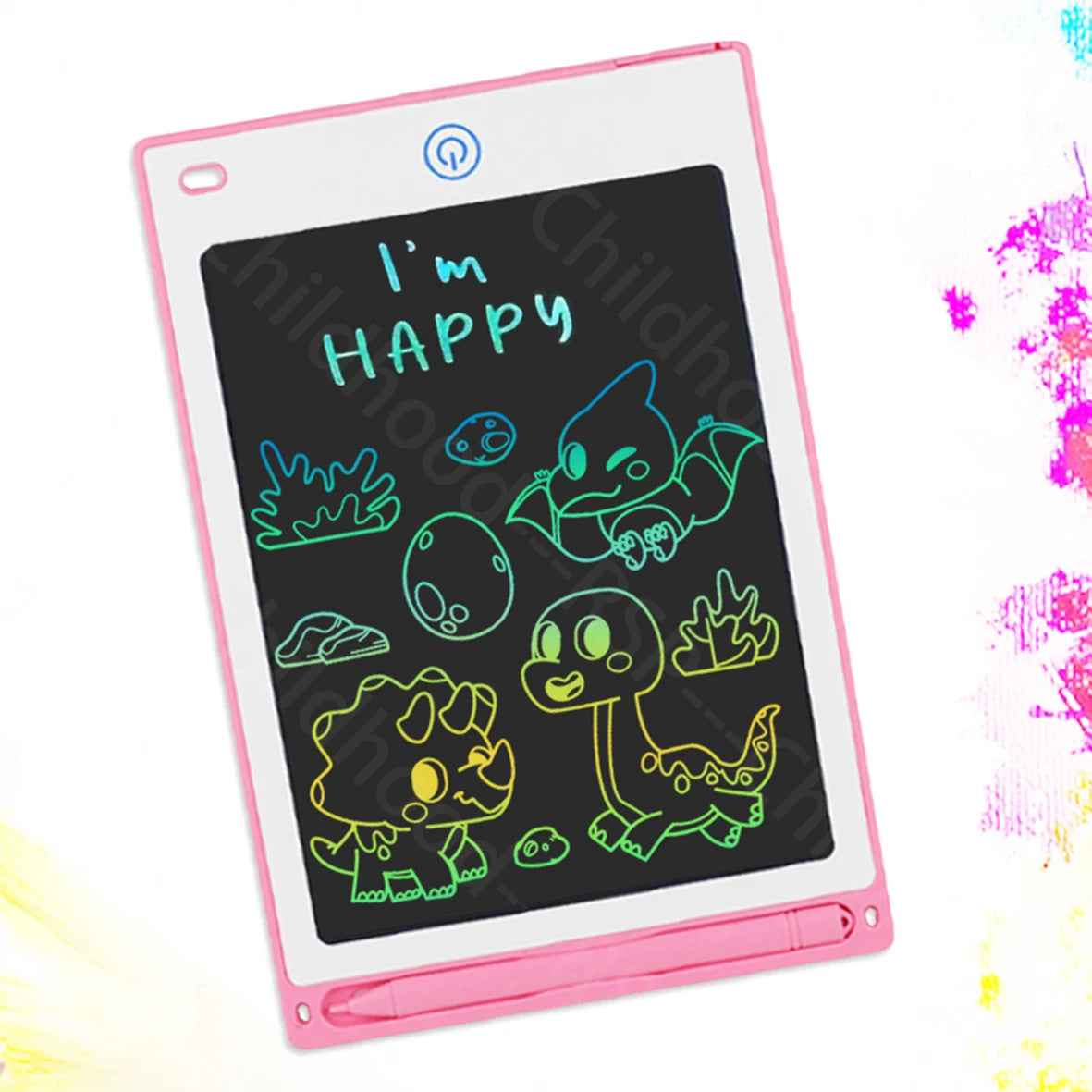 Pink 8.5-inch LCD digital drawing tablet for kids, displaying colorful dinosaur doodles.